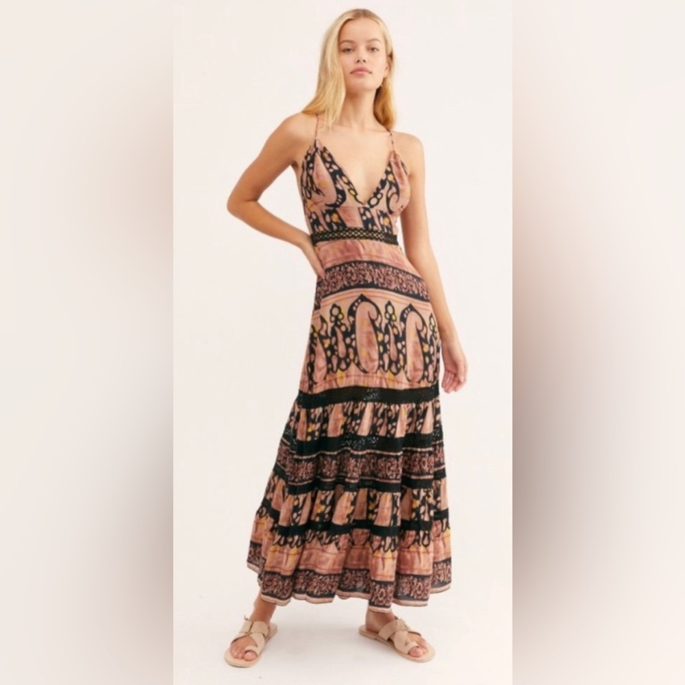 FREE PEOPLE Elektra Maxi Dress Tie Back Halter Tiered Sahara Combo Large L.